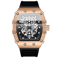 Jam Tangan Pria Mewah BINBOND 8577 Bentuk Tonneau Skeleton Quartz Tahan Air Baja Kulit Dial Persegi Panjang Tali Silikon