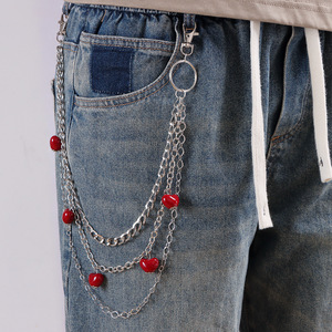 Chaîne de pantalon Yueli en forme de cœur, multicouche, en alliage de zinc, perles rouges, unisexe, chaîne de taille, usage quotidien, style hip-hop - Product Image 1