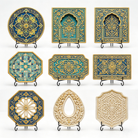 Assiette décorative en résine Mandala doré islamique, impression UV, motif floral arabesque personnalisé, ornement de bureau avec support, vente en gros OEM