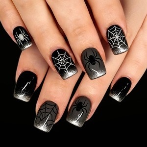 <span class=keywords><strong>Uñas</strong></span> postizas de Halloween <span class=keywords><strong>con</strong></span> diseño de bruja en colores pastel, suministro a granel, cortas, cuadradas, <span class=keywords><strong>rosa</strong></span> pálido, <span class=keywords><strong>con</strong></span> purpurina negra, diseño de gatito, murciélago y mecánico - Product Image 6
