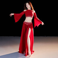 Ensemble deux pièces de danse orientale brillant pour femme 2026, à manches longues, avec fentes latérales doubles, pour spectacle de danse du ventre