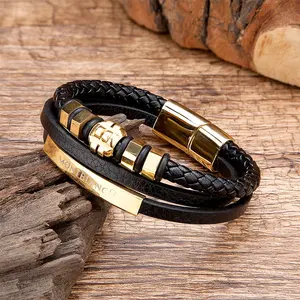 En gros de haute qualité hommes en cuir main bijoux 3 couches en cuir véritable Bracelet fermoir magnétique hommes Bracelet