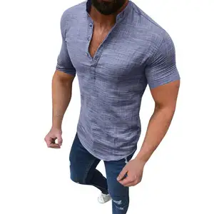 New Summer Men Fashion Cotton Linen ButtonダウンShirt Short Sleeve Mandarin Collar Solid Color Casual Tops