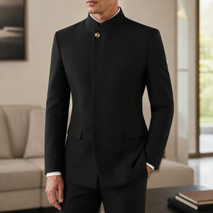 Costumes sur mesure de haute qualité, sur mesure, formels, marron foncé, col mandarin, coupe ajustée, 2 pièces pour hommes - Product Image 2