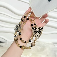 Cadena para teléfono móvil con forma de corazón, con perlas y estampado de leopardo, brillante y con diamantes, la más vendida, colgante artesanal para bolso