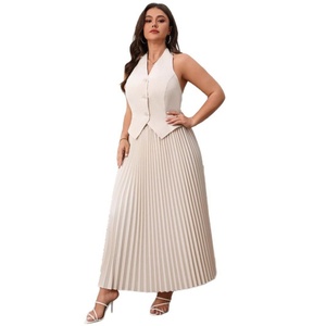 Colección Primavera Verano 2025: Conjunto de Falda Larga Plisada y Top sin Mangas con Cuello en V para Mujer, Tallas Grandes, Corte Entallado y Largo hasta el Suelo - Product Image 5