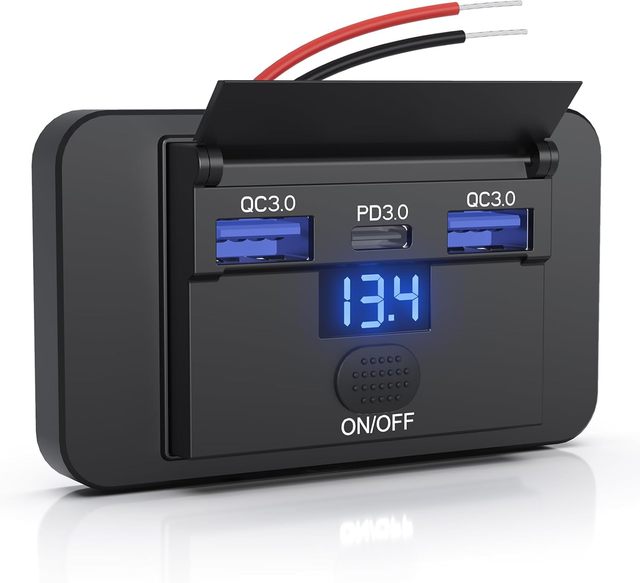 12V USB Outlet, Dual 18W QC3.0 USB a & 36W PD USB C Ports, Car Charging Outlet Panel with Button Switch & LED Voltmeter for Car
