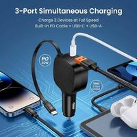 Cargador de Coche con Cable Retráctil Mini, 30W PD Tipo-C, Cable Integrado, Puerto USB-A QC, Adaptador de Corriente para Coche de Carga Rápida, Venta al Por Mayor