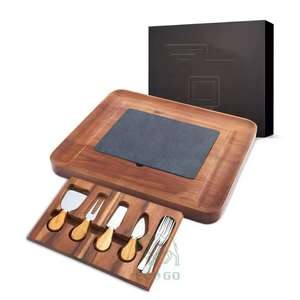 Plateau à fromage en bois d'acacia, ensemble de couteaux en acier inoxydable, plateau de charcuterie, plateau de service, tiroir caché, ensemble de couverts, écologique, durable - Product Image 1
