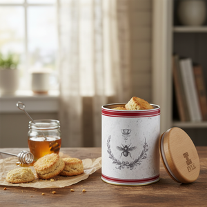 0.6L round Vintage Bee & Laurel Elegance Tin <b>Box</b> 90x110mm Recyclable Tinplate with Wooden Lid for Biscuit <b>Packing</b> and Display - Product Image 3
