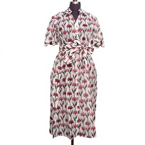 Vestido Midi Floral de Cintura Natural para Mujer, Marca Kangura, Ecológico, 100% Algodón, Cuello en V, Manga Corta, Decoración con Botones, Lavable - Product Image 1