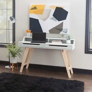 Mid century modern teen small white wood computer laptop table study desk with drawer