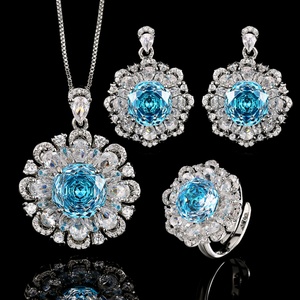 Elegant Fashion Eco-friendly Copper 12-10MM Sea Blue Zircon Floral Pendant <b>Earrings</b> Set Women's Bridal Jewelry Set for Women - Product Image 3