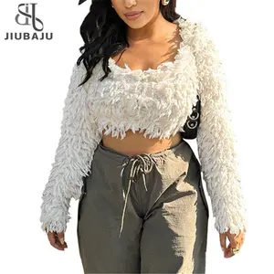 Faux Fur T-Shirt Phụ Nữ Dài Tay Áo Cổ Vuông Thời Trang Slim Sang Trọng Crop Top Sexy Áo Thun Tees