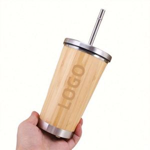 Gobelet isotherme écologique en bambou à double paroi de 450 ml, réutilisable et incassable, avec couvercle et paille - Product Image 1