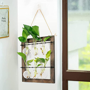 Dropship Double Layer <b>Wall</b> Hanging Glass Planter Propagate Station With 6 Bulb Vase Retro Wooden Stand for Hydroponics Plants - Product Image 4