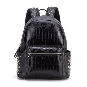Crocodile Pattern Men's <b>Backpack</b> Black <b>Large</b> Capacity Laptop Bag With Studs Multi Functional Everyday Use - Product Image 5