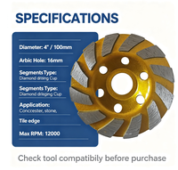 Disque de meulage diamanté doré de 100 mm (4 pouces) pour meuleuse d'angle, disque segmenté turbo pour béton, pierre, granit, marbre