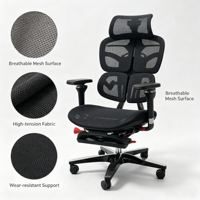 Chaise de bureau ergonomique moderne avec dossier en maille respirante, siège en cuir de vachette, ressort lombaire auto-adaptatif et inclinaison multi-verrouillable pour longues heures de travail à domicile