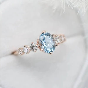 Bague de fiançailles délicate et fantastique en argent sterling S925 plaqué or rose, avec oxyde de zirconium rond et ovale, et aquamarine bleue, style grappe, bagues fines - Product Image 1