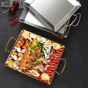 Stainless Steel Seafood Hot Pot Plate Golden Square Non Stick Pan For Korean Style Cooking With Handles - Product Image 1