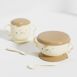 Juego de vajilla para niños, tazón de acero inoxidable con doble asa y vaso con tapa, con cuchara y tenedor, de 0 a 12 meses, sin BPA - Product Image 1