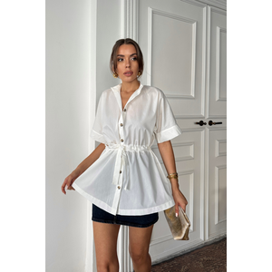 Chemise en popeline écru pour femme avec détail de plissé à la taille - Product Image 4