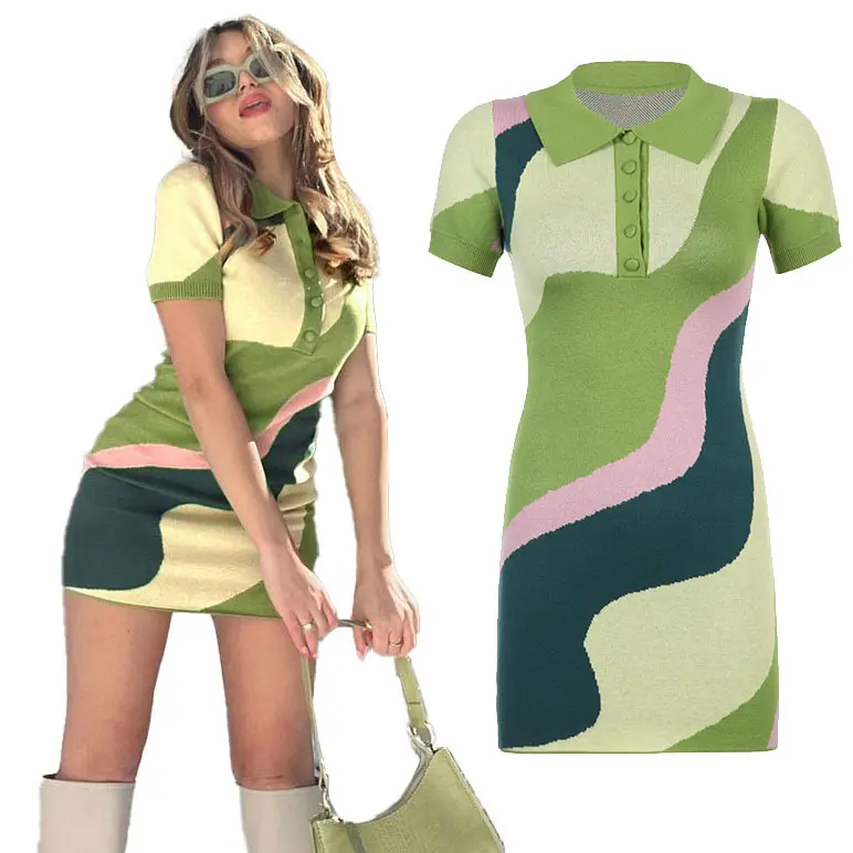 2022 New Arrivals Mini Dress Short Sleeve Polo Collar Dress For Women Fashionable Cute Knitted Mini Dress