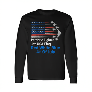 Camiseta de Manga Larga con Estampado Digital de la Bandera de EE. UU. de Aviones de Combate Patrióticos, Cuello Redondo, Unisex para Adultos, Promocional - Product Image 2