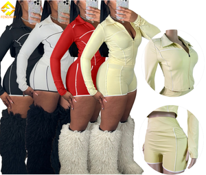 2025 nuova moda sport <span class=keywords><strong>Casual</strong></span> 2 pezzi Set per <span class=keywords><strong>donna</strong></span> giacca a maniche lunghe con Zip + completo Shorts - Product Image 1