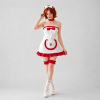 Costume de cosplay de femme de chambre rouge et blanc pour femme, robe courte à volants et nœud, bandeau oreilles de chat, uniforme de serveuse anime, tenue de fête d'Halloween