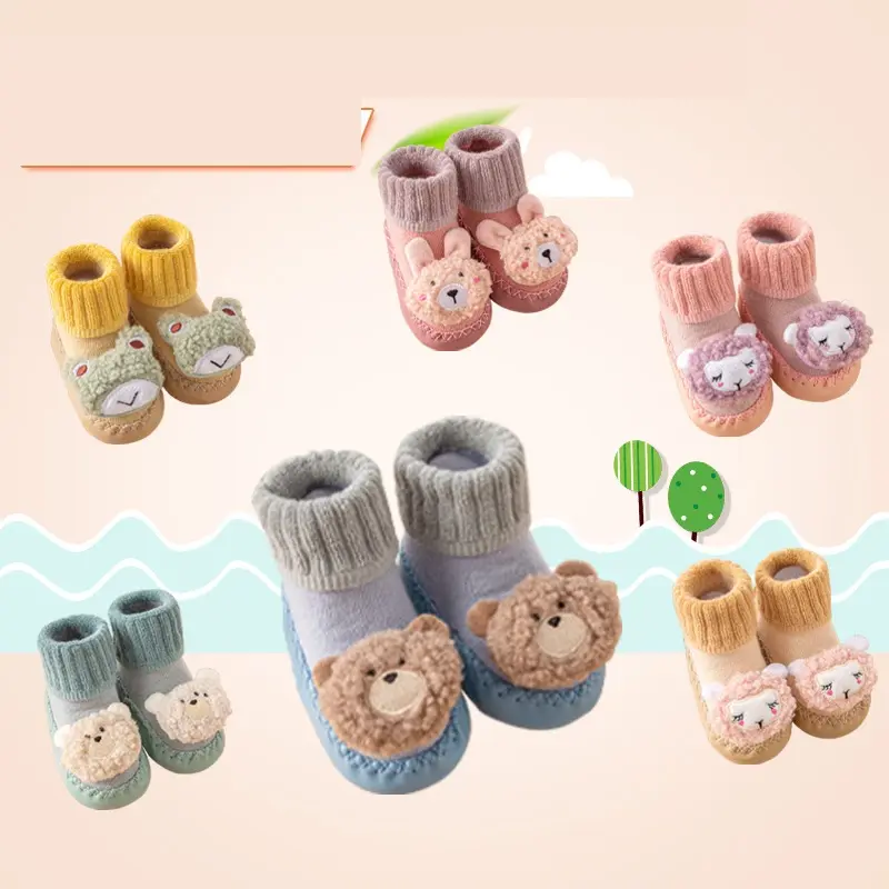 Cálidos antideslizantes invierno suave grueso dibujos animados lindo bebé 3D calcetines absorción de sudor zapatos de bebé calcetines con suela de goma