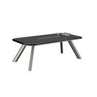 Mesa de Juntas Moderna y Sostenible de MDF E1 con Patas Metálicas Inclinadas, Acabado Brillante, para Reuniones de Directores, con Centro de Energía Integrado, para Escuelas