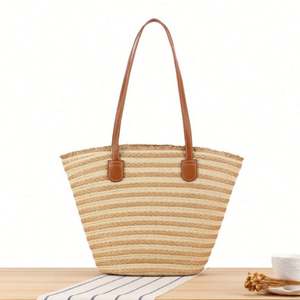 Sac à bandoulière rayé en papier tressé grande capacité, résistant à l'eau, pour femme, idéal pour les vacances à la plage, avec fonction interphone et musique portable - Product Image 4