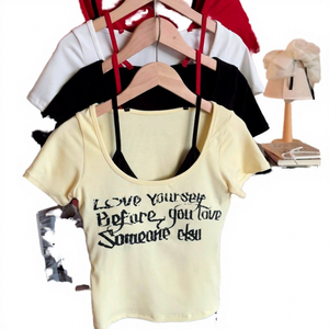 Conjunto de Dos Piezas de Top Corto Tipo Camisola sin Mangas con Cuello Redondo y Estampado de Letras, Tejido de Algodón Transpirable, Estilo Indie Folk para Mujer, 160g - Product Image 1