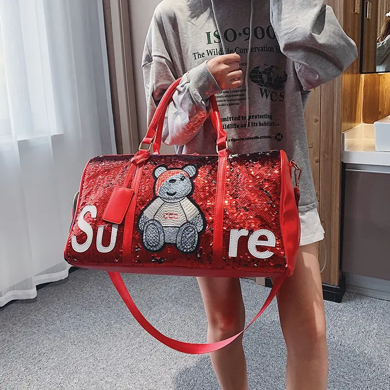 Factory wholesale sequins planet personality bling Little bear cartoon travel luggage bag gym bag