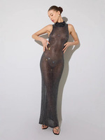 Robe longue élégante pour femmes, en dentelle transparente, avec lacets, tissu en maille et bordure en strass, sans manches, longueur au sol