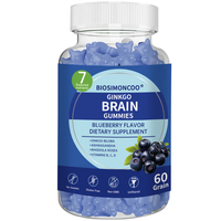 Gummies pour le cerveau au Ginkgo avec Ashwagandha, Rhodiola Rosea, Vitamines B, C, D, saveur myrtille, complément alimentaire, 60 unités, sans OGM