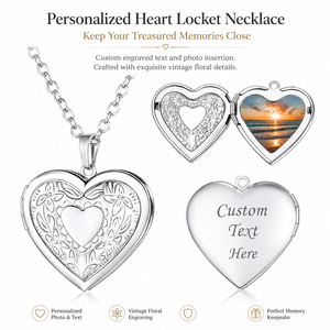 Personalized Heart Locket Necklace Stainless Steel Vintage Floral Engraving Custom Photo Text Insertion Necklaces - Product Image 1