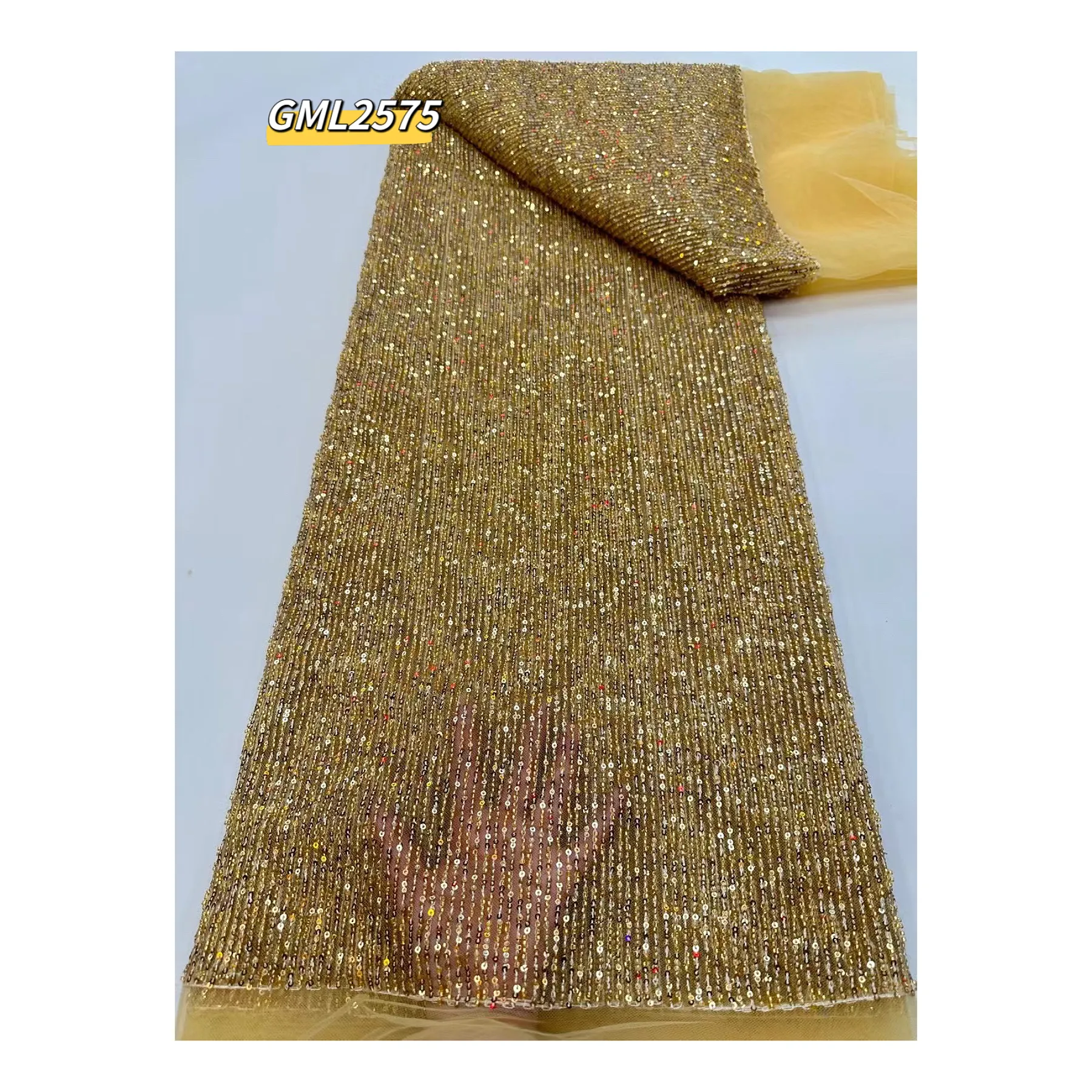 High Quality Beaded Stripe Embroidery Lace Fabric Luxury Sequins Pearls Gold Chemical Lace Fabric simple type wedding dress lace