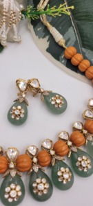 Neelmani Jewels Ethnic Bridal Wedding Statement Set Features Handcrafted Polki Diamonds Orange Flower-Shaped Beads Green - Product Image 2