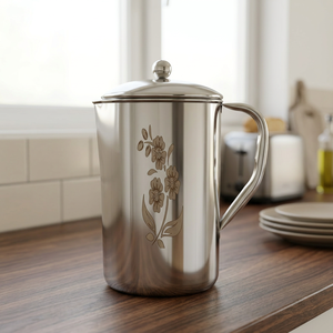 Stainless Steel Water Jug with Floral Design Lid Classic Home <b>Drinkware</b> <b>Accessory</b> Reusable Metal Pitcher - Product Image 1
