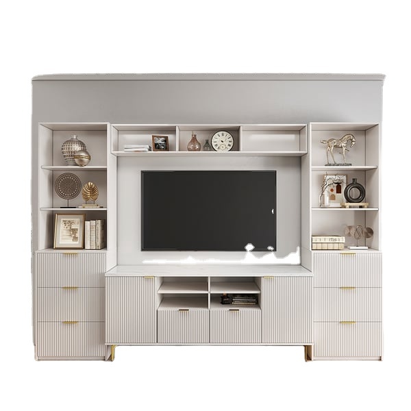 Fluted Wood Storage 4-Piece Entertainment Center with Bookshelf White TV Stand