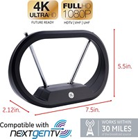 Antenne TV d'intérieur GE Modern Loop Rabbit Ears, dipôles extensibles de 15 pouces/4 pieds, 4K 1080P VHF/UHF, numérique HDTV de table pour Smart TV