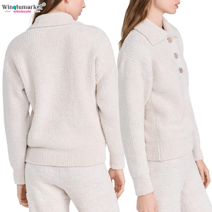 Suéter de <span class=keywords><strong>Mujer</strong></span> de Punto de Chenilla con Efecto Peludo, Oversize, Hombros Caídos, <span class=keywords><strong>Cuello</strong></span> Polo Henley con Botones, Colores Personalizados - Product Image 5