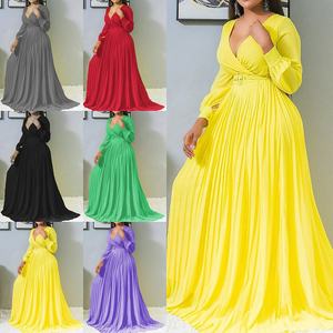 Uzun kollu uzun etek sonbahar artı boyutu elbise ve ince saf renk kadın elbiseler mizaç Retro şifon günlük elbiseler - Product Image 1