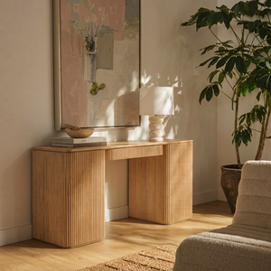 Modern Fluted Scandinavian Design Mahogany Solid Wood <b>Console</b> <b>Table</b> with 7 Drawers Handmade Custom Living Room Furniture - Product Image 1