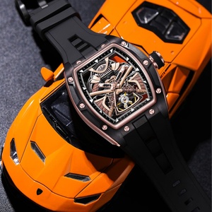 Skeleton Automatic <b>Watch</b> for Men Tonneau Stainless Steel Case Outdoors 50m Water Resistance Silicone Sport Band - Product Image 3