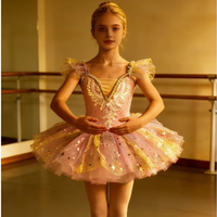 Robe de danse de ballet scintillante à sequins, col en V, jupe tutu en maille, manches bouffantes, robe de ballerine arc-en-ciel pour spectacle de danse pour enfants