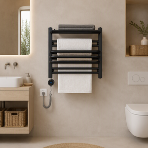 Sèche-serviettes électrique moderne en acier <span class=keywords><strong>noir</strong></span> <span class=keywords><strong>mat</strong></span> avec étagère de rangement supérieure et commande numérique pour salle de bain - Product Image 2